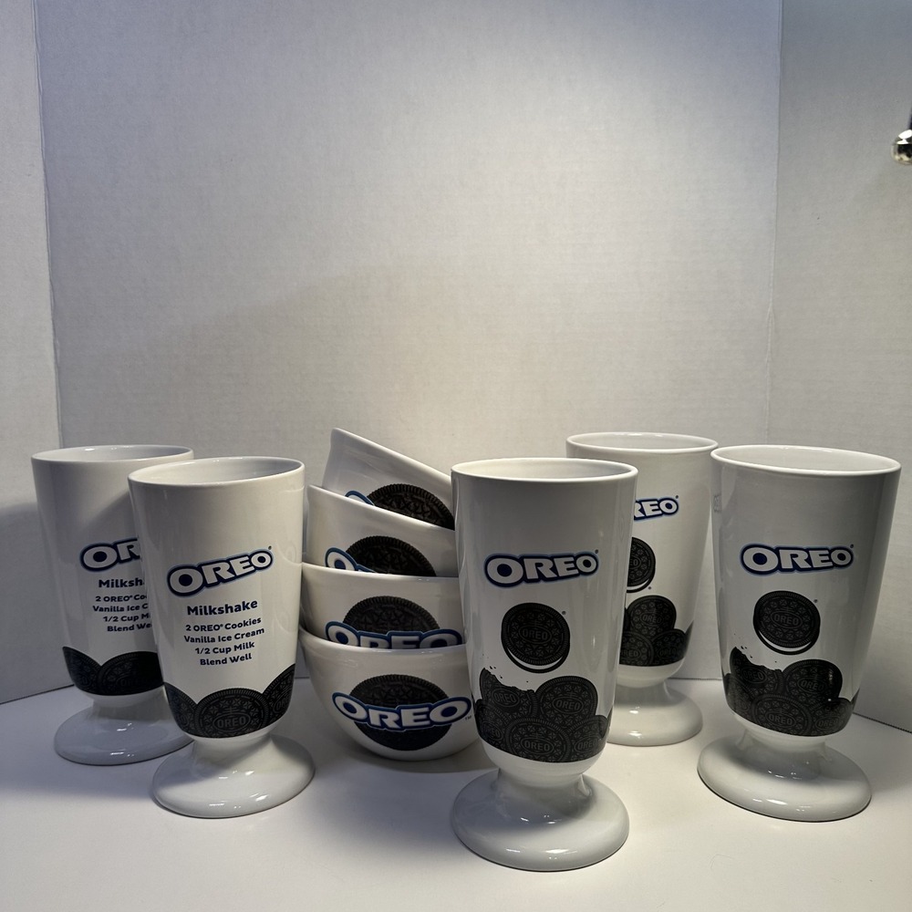 VTG OREO Ceramic set of 5 Milkshake Cups & 4 Ice Cream bowls 9 Piece Nabisco Set